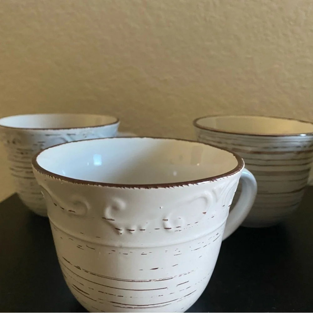 Pfaltzgraff 4 Piece Rustic Trellis White Stoneware 3 Mug and Sugar Bowl Set